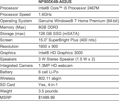 Samsong NP900X4B specs