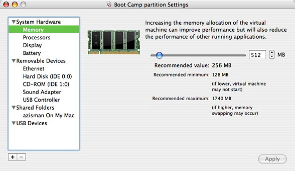 VMWare Fusion settings