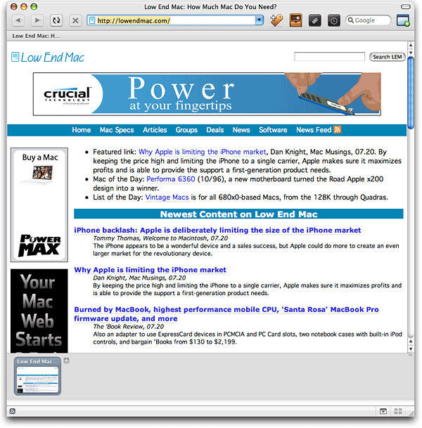 Low End Mac home page displayed by Shiira