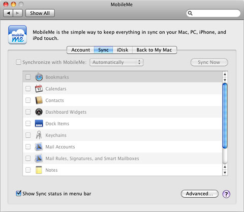 MobileMe sync settings